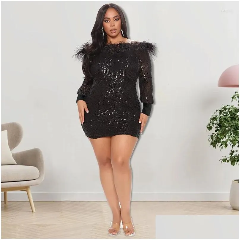 Plus Size Dresses WUHE Sexy Strapless Sequined Off Shoulder Feather Evening Dress Elegant Lady Night Party Large 5XL