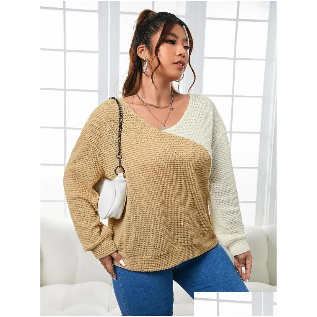 Shirt Plus Size Two Tone Drop Shoulder Twist Back Sweatshirt Women Loose Dropped Crewneck Casual Sweatshirts