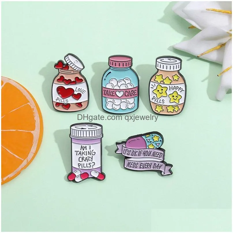 Pins, Brooches Pins And Clips For Dress Shirt Collar Cute Funny Bottle Pill Love Heart Star Men Women Fashion Enamel Metal Jewelry Bi Dh6Tf