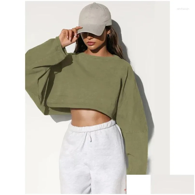 Gym Clothing Women Long Sleeve Short Y2k Crop Top Fashion Round Neck Knitted Sweatshirts Ladies Spring Autumn Solid Color Loose