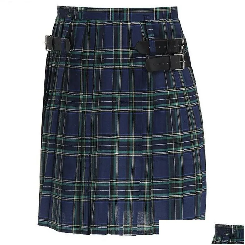 Men`S Shorts Mens Kilt Traditional Plaid Belt Pleated Bilateral Chain Brown Gothic Punk Scottish Tartan Trousers Skirts 230313 Drop D Dhybk