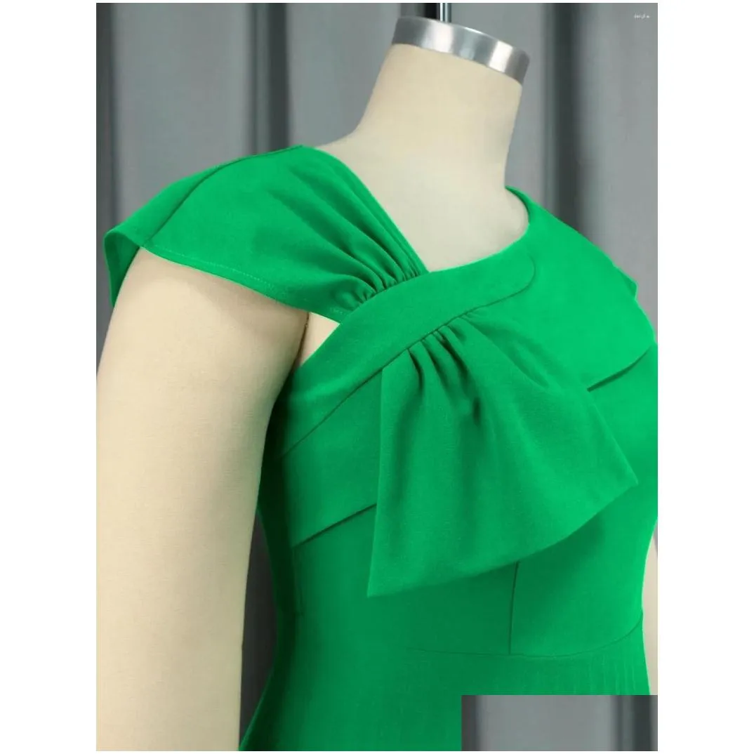 Plus Size Dresses 4XL Women Green A-Line Dress Bow Short Sleeve Pleated Elegant Fashion African Formal Evening Event Outfits Summer