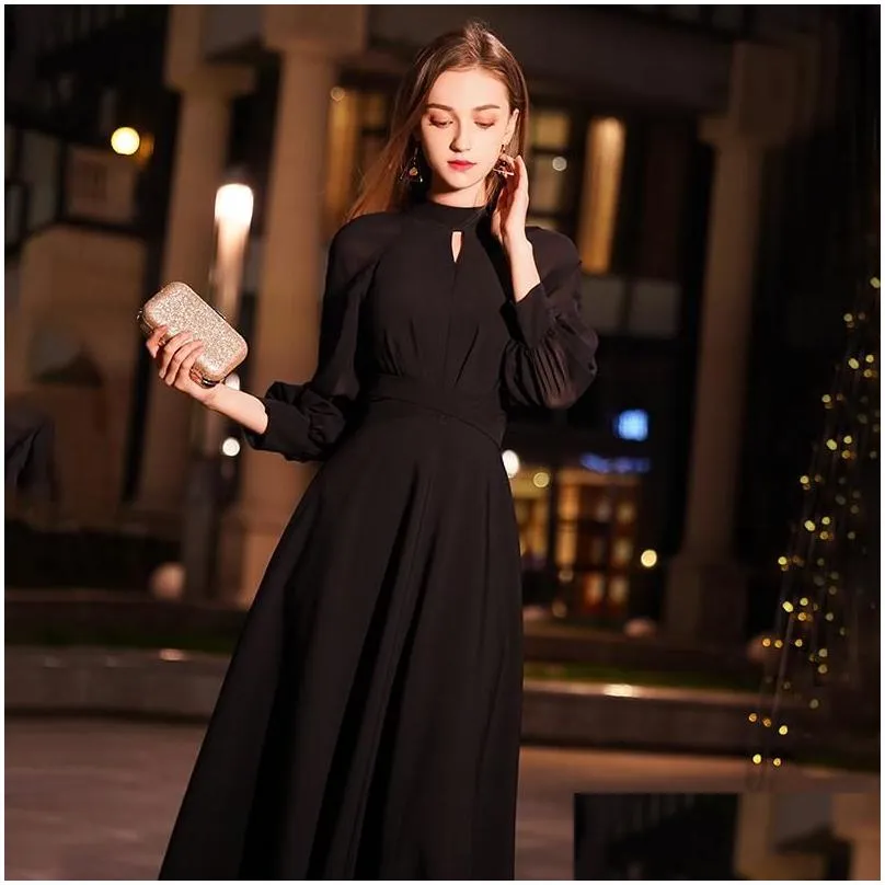 Party Dresses Wei Yin Black Elegant A Line Long Evening Dress 2023 High Neck Sleeves Gown Bodice Vestido Longos WY1242Party