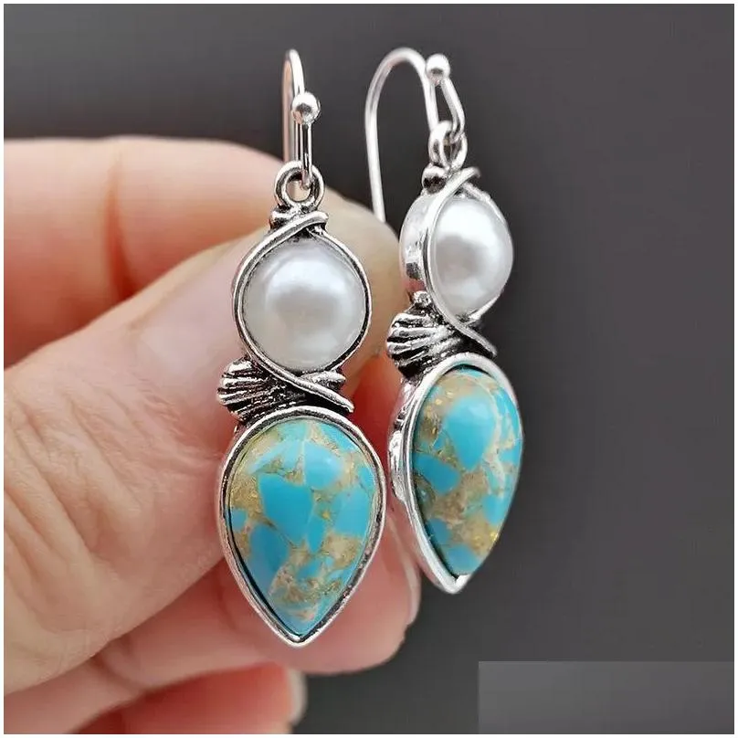 Dangle Earrings Exquisite And Simple Inlaid Imitation Pearl Turquoise Pendant Engagement Wedding Bridal Jewelry