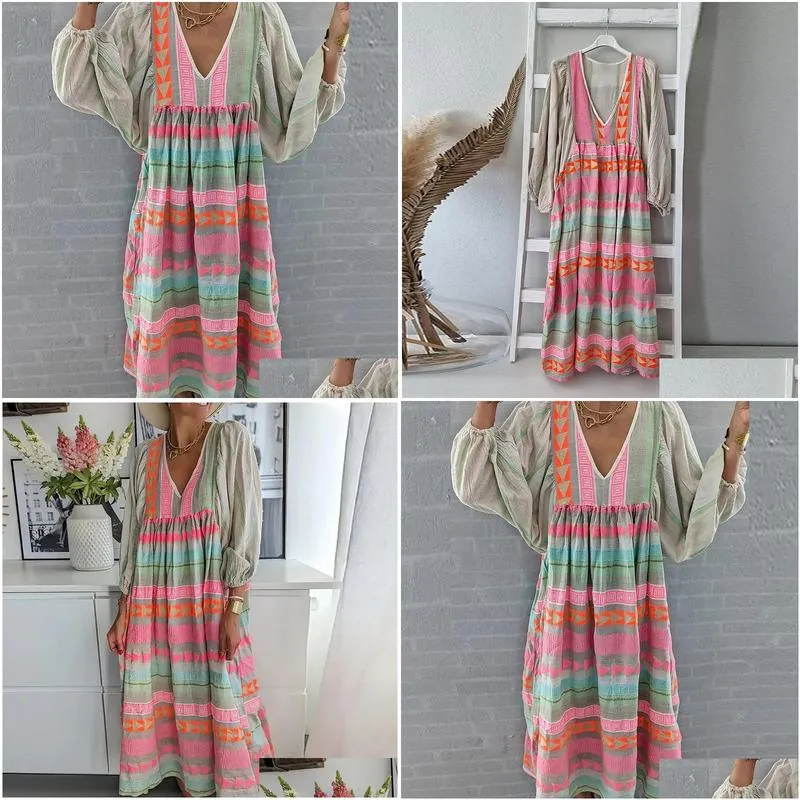 Basic & Casual Dresses Women Retro Loose Long Sleeve V-Neck Party Dress Female Beach Maxi Spring Fashion Boho Print High Street Drop Dhl5X