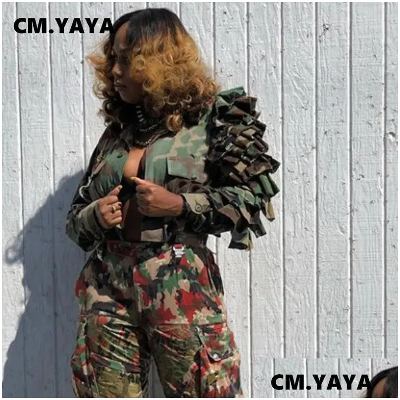 Women`S Jackets Womens Cm.Yaya Women Camouflage Cacading Ruffles Flare Sleeve Button Up Jacket Spring Winter Streetwear Military Outco Dhar8