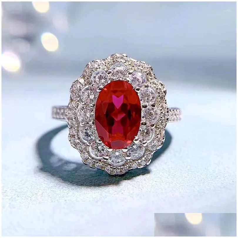 Cluster Rings 2023 925 Silver High Carbon Diamond Ring Female 6 9 Personality Fashion Blood Red Heavy Work Gem