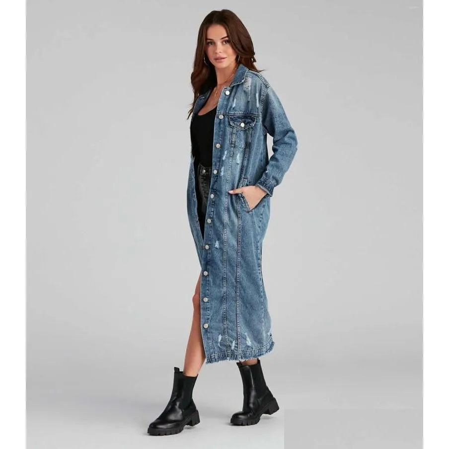 Women`s Trench Coats Spring Vintage Casual Korean Long Jean Coat Women With Belt High Street Loose Autumn Denim Outerwear S-3XL