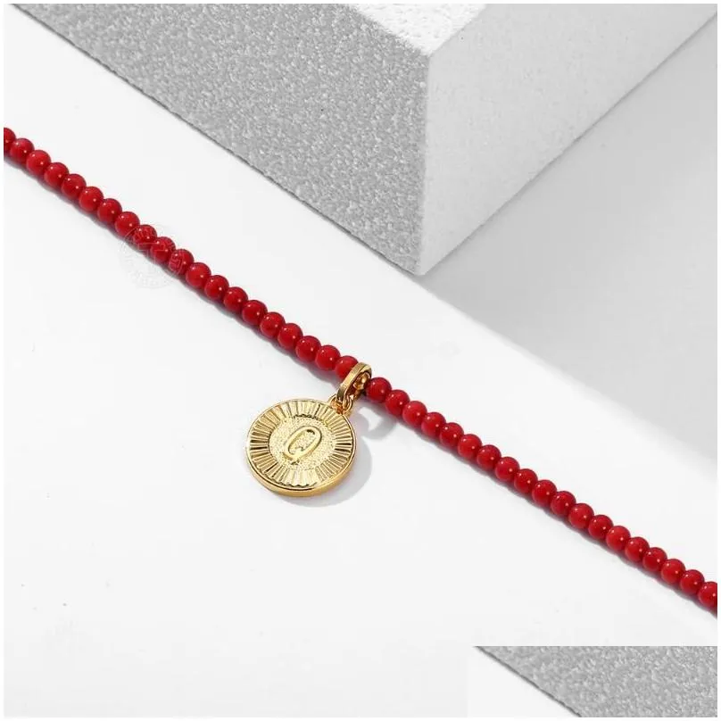 Pendant Necklaces Round Gold Color Letter Choker Necklace For Women 4mm Fashion Red Coral Beaded Length Adjustable LDN188A