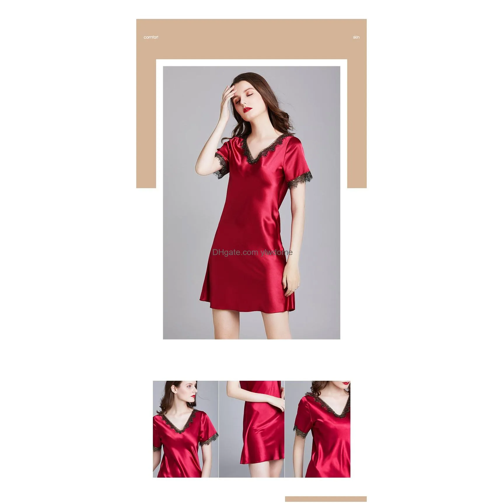 Maternity Dresses Women Lace Pure Silk Nightgown 2022 New Satin Nightdress Sleepwear Casual Silky Home Dressing Gown Homewear Drop Del Dh8Vs