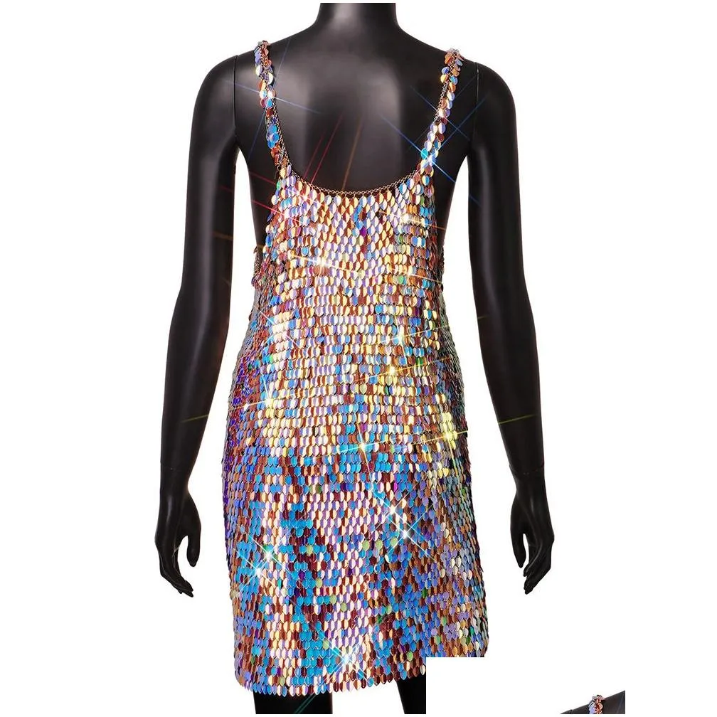 Basic & Casual Dresses Dresse Y Backless Sequins Mini Dress Sleeveless O Neck Hollow Out Shiny Colorf Metallic Sequin Leaves Glitter Dhjvd