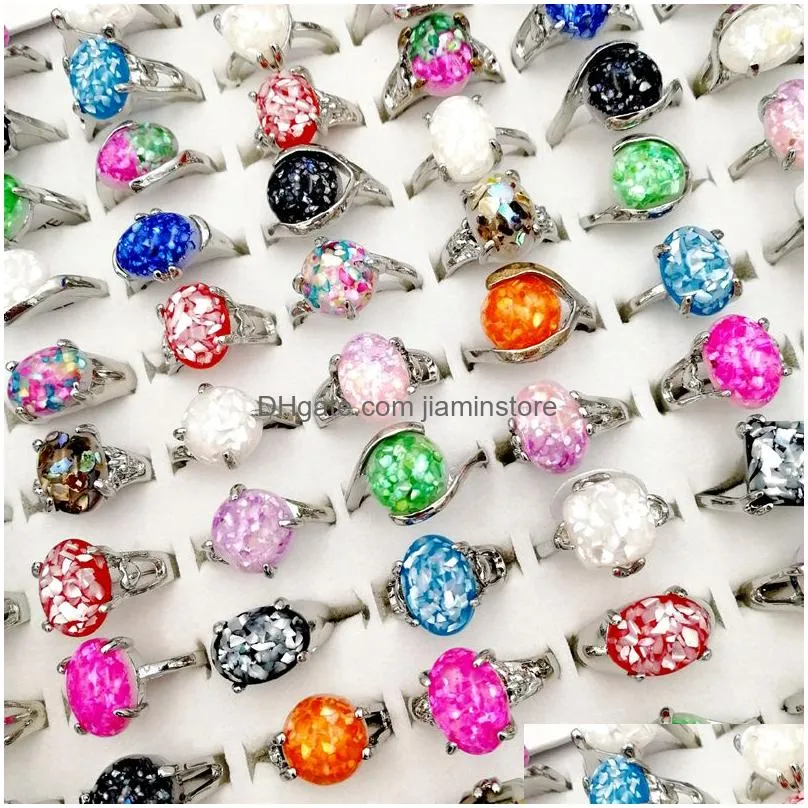 Fashion 30pcs/lot 100% Natural gemStone band Ring Vintage Silver Shell Broken metal finger rings Fit Women and Men charm Jewelry Party