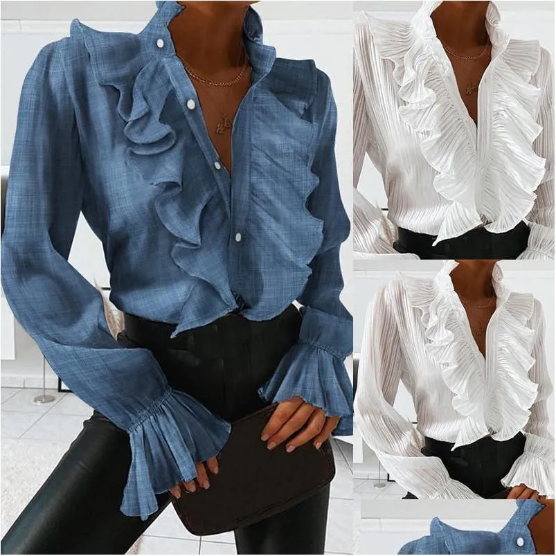 Women`s Blouses & Shirts 2021 Fashion Ladies Casual Solid Blouse Shirt Girls Summer Autumn Long Sleeve Ruffle Loose For Vacation1