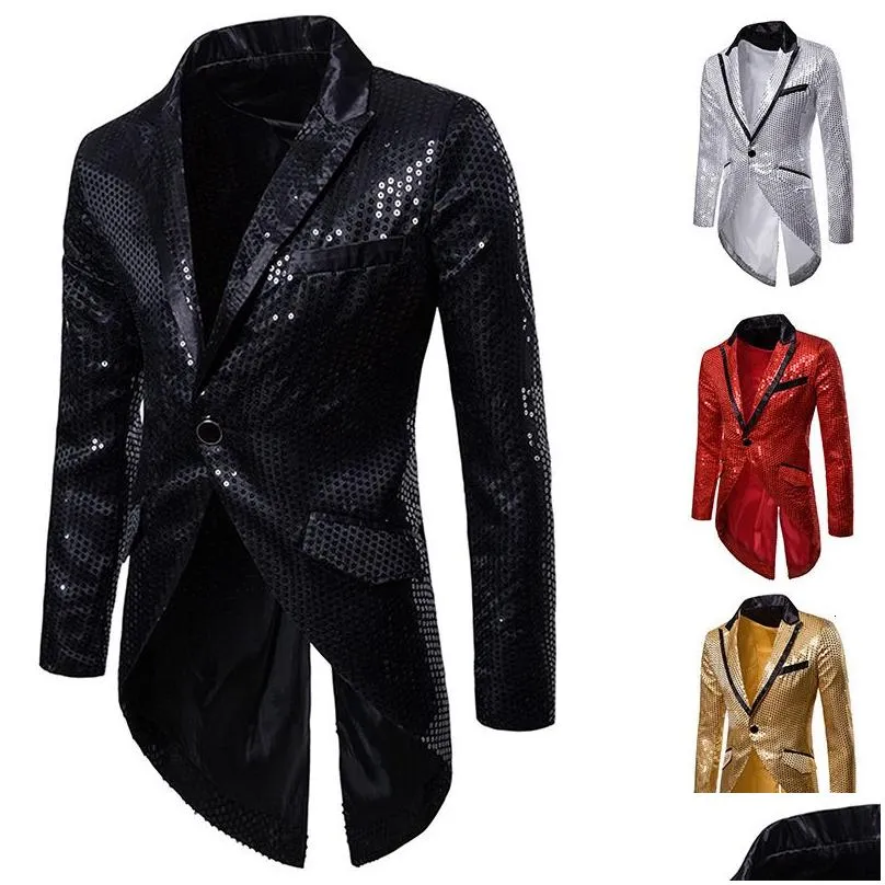 Men`S Suits & Blazers Mens Mannen Shiny Gold Sequin Glitter Verfraaid Blazer Jas Nachtclub Wieden Party Jasje Stadium Zangers Kleding Dhfxk