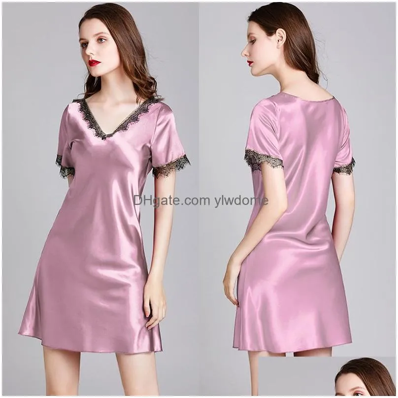 Maternity Dresses Women Lace Pure Silk Nightgown 2022 New Satin Nightdress Sleepwear Casual Silky Home Dressing Gown Homewear Drop Del Dh8Vs
