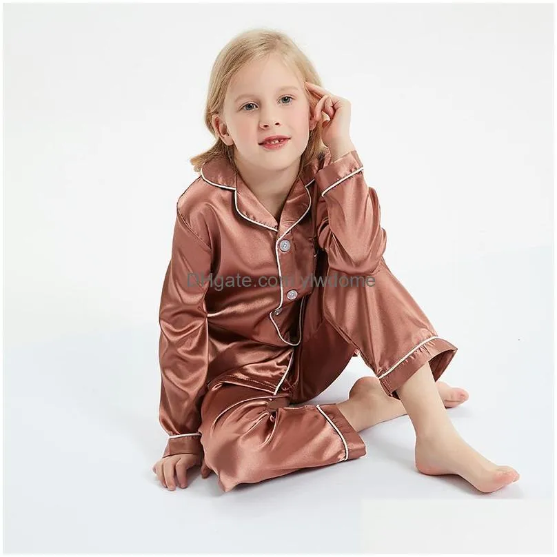 Pajamas Girls Boys Satin Set Silk Pjs Long Sleeve Kids 2 Piece Sleepwear Button-Down Nightwear Loungewear Drop Delivery Baby, Maternit Dhmrr