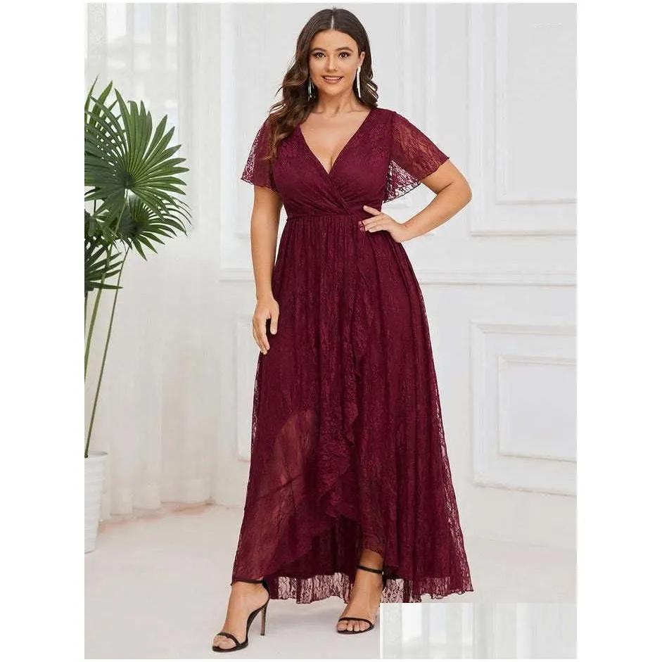 Plus Size Dresses Women Elegant 2023 Lace Short-sleeved V-neck Party Evening Dress Irregular Wave For Large Female