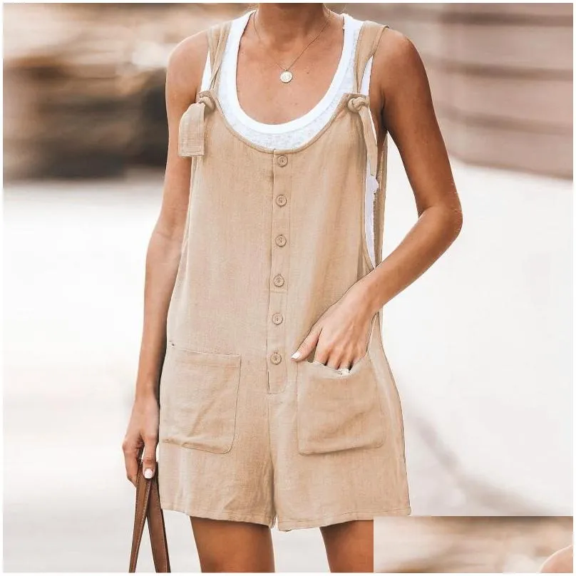 Women`s Jumpsuits & Rompers Women Cotton Linen Short Romper Summer Strappy Straight Playsuits 2021 Casual Buttons Loose Ladies Big Pocket