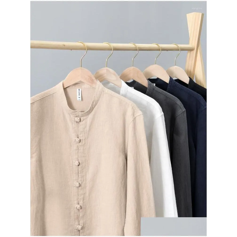 Men`s Casual Shirts Men Cotton Ramie Shirt Formal Retro Chinese Style Long Sleeve Mandarin Collar 2022 Soft Comfort Clothing
