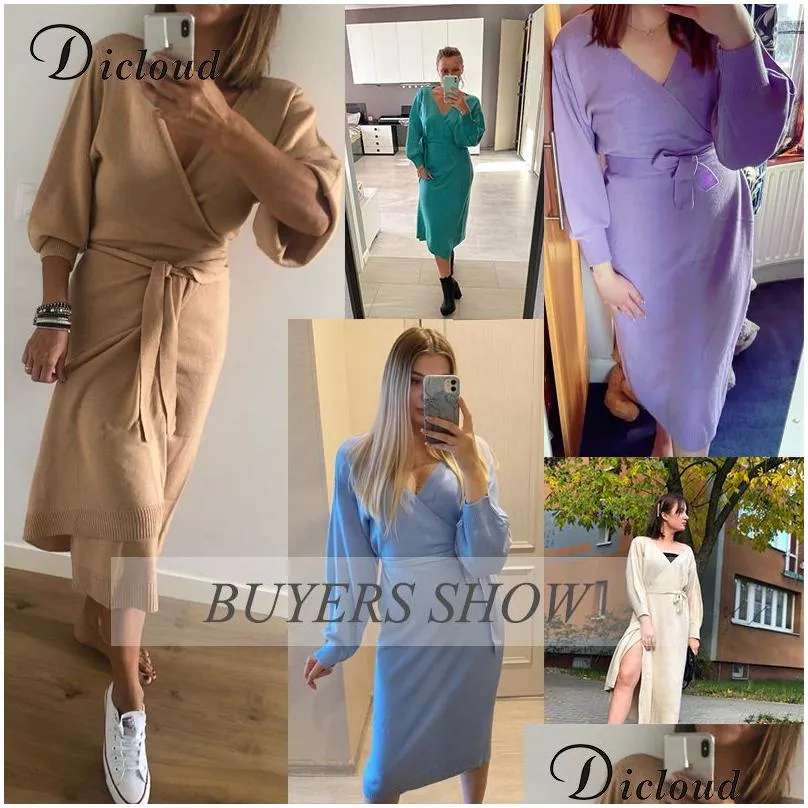 Basic & Casual Dresses Dicloud Long Women Knitted Wrap Dress Spring Oversize Elegant Day Midi Y V Neck Knitwear Robe Ladies Clothes 2 Dhd6Y