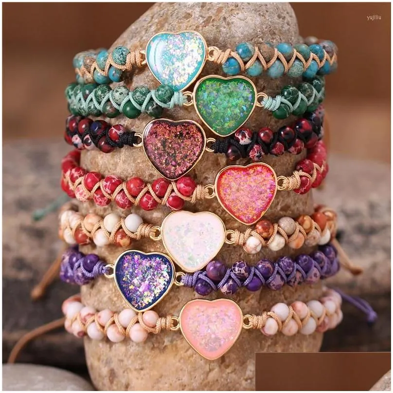 Charm Bracelets Boho Bling Heart Jasper Beaded Braided Natural Stone Yoga Friendship Lover Gift Jewelry Wholesale Drop