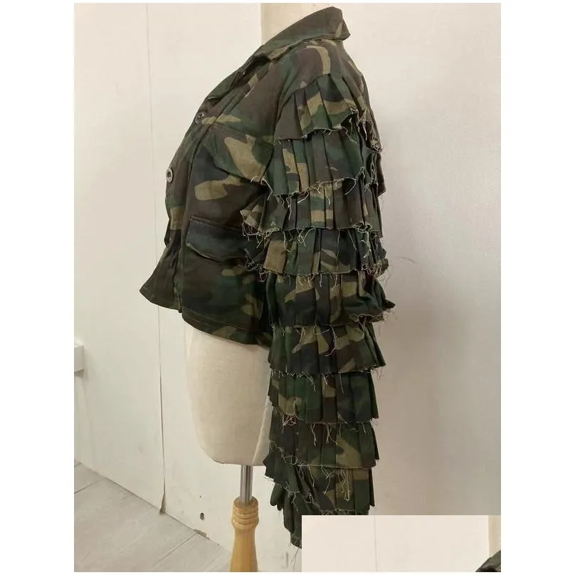 Women`S Jackets Womens Cm.Yaya Women Camouflage Cacading Ruffles Flare Sleeve Button Up Jacket Spring Winter Streetwear Military Outco Dhar8