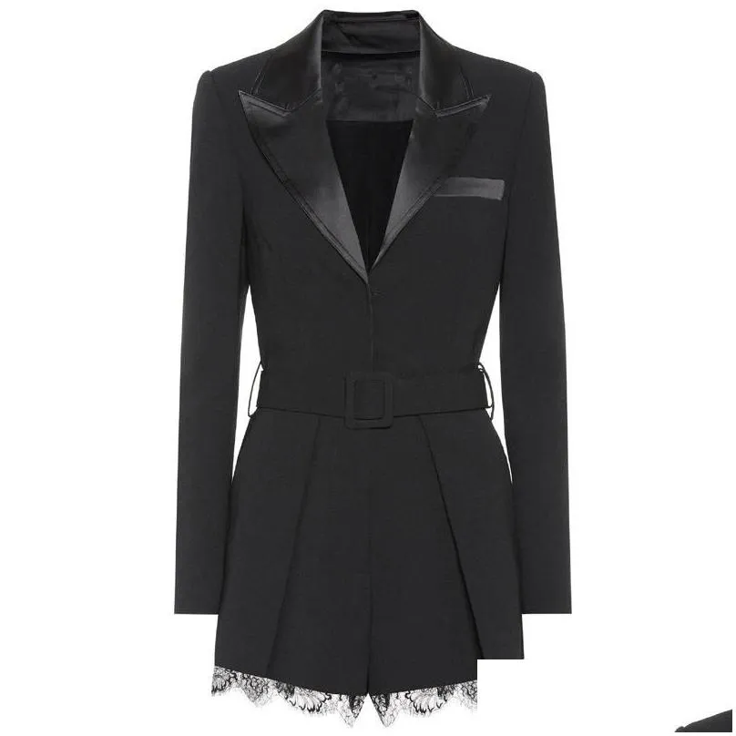 Women`s Jumpsuits & Rompers Black Blazer Mujer 2021 Short Autumn V-Neck Patchwork Lace Long Sleeve Come With Belt Office Lady