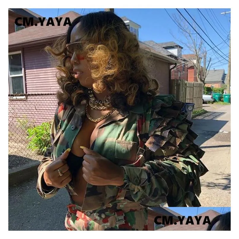 Women`S Jackets Womens Cm.Yaya Women Camouflage Cacading Ruffles Flare Sleeve Button Up Jacket Spring Winter Streetwear Military Outco Dhar8