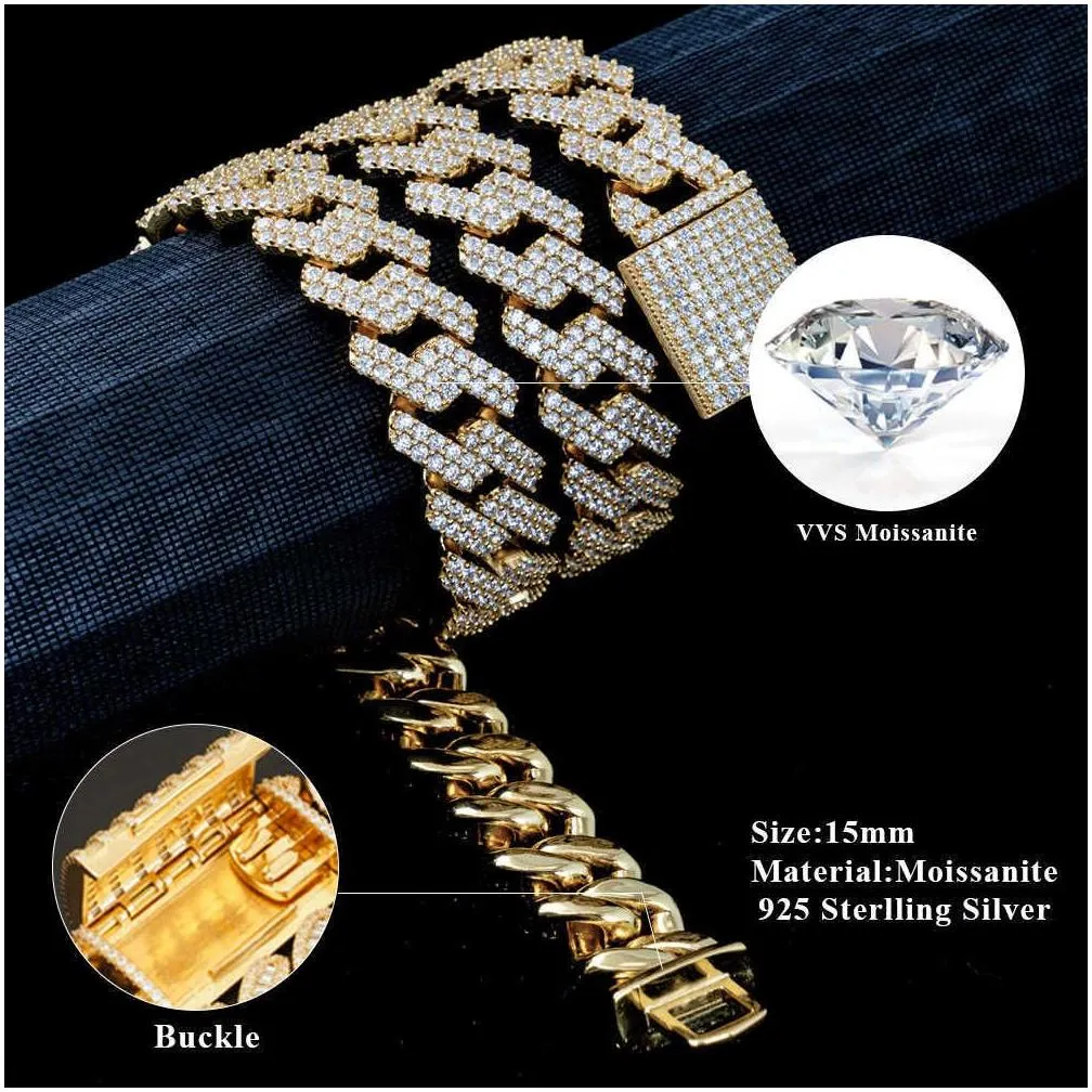 Custom Pass Diamond Test Vvs Moissanite Diamond Cuban Link Chain 10mm 12mm 15mm 18mm 20mm Hip Hop Necklace Men 925 Jewelry