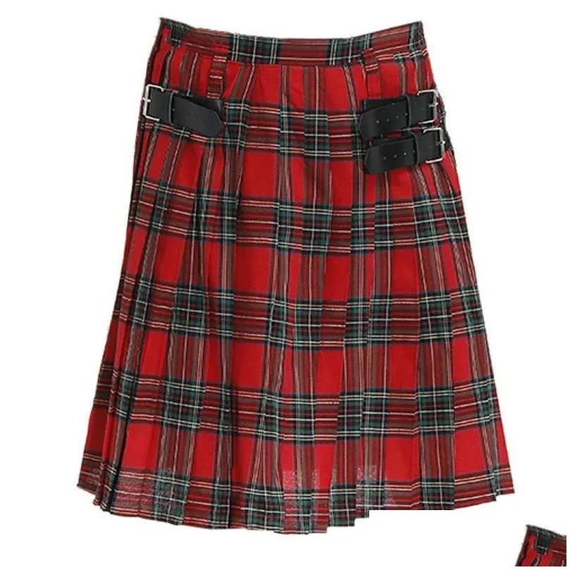 Men`S Shorts Mens Kilt Traditional Plaid Belt Pleated Bilateral Chain Brown Gothic Punk Scottish Tartan Trousers Skirts 230313 Drop D Dhybk