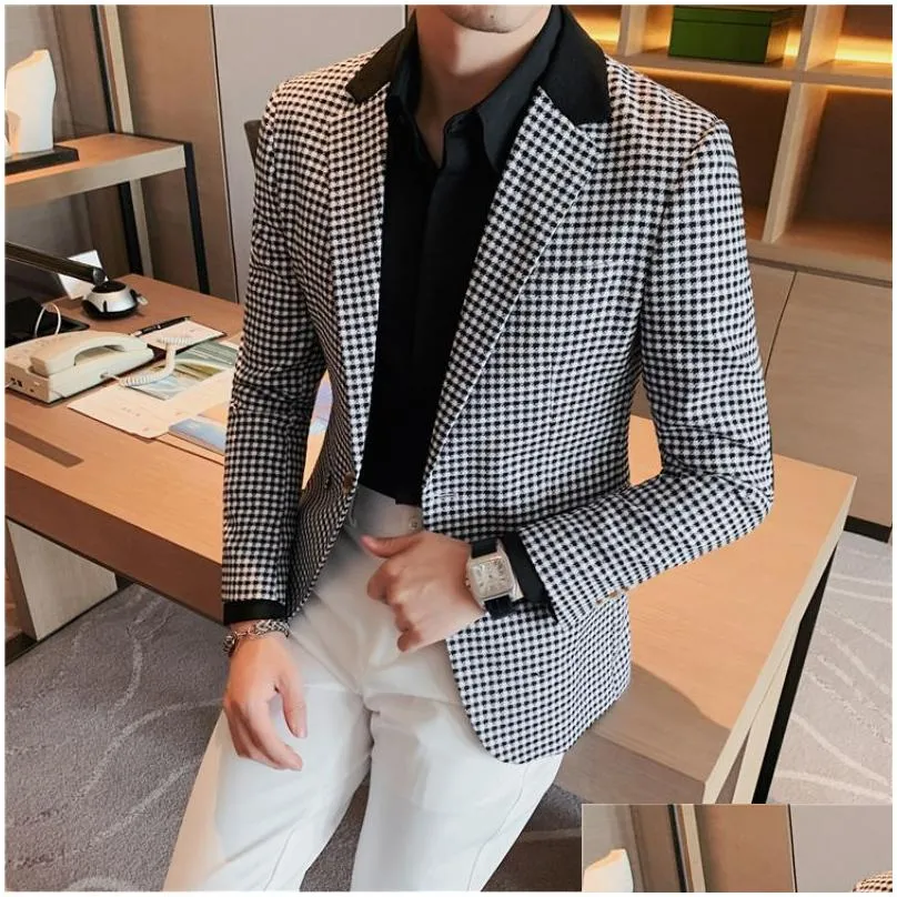 Men`S Suits & Blazers Mens High Quality Suit British Style Slim Elegant Fashion Business Casual Dress Tuxedo Spliced Collar Plover Ca Dh0Co