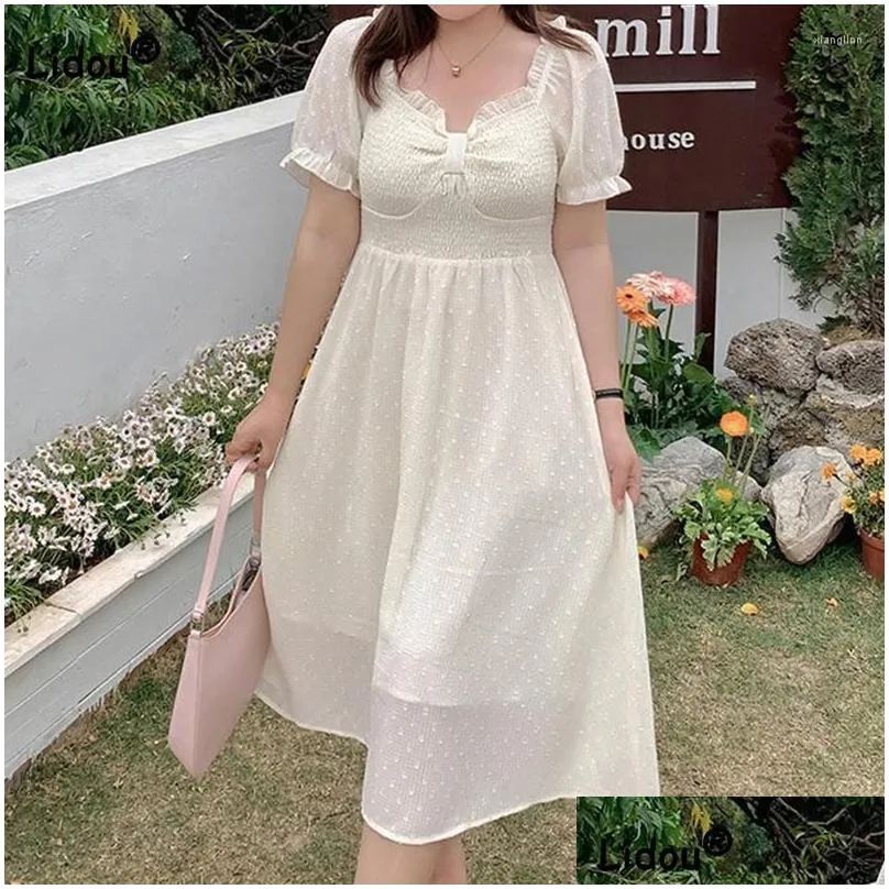Plus Size Dresses Clothes Little  And Sweet Square Collar Stringy Selvedge Solid Pleated Short Sleeve Bow Chiffon Princess Dress
