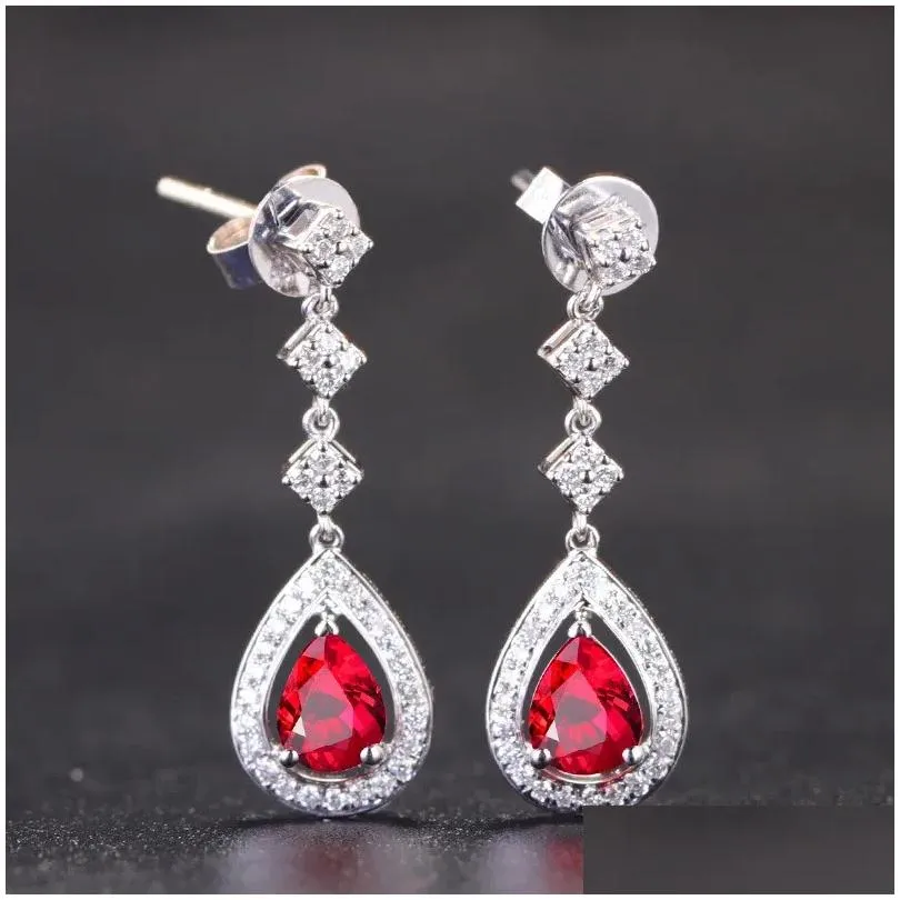 Stud Earrings YangFx Silver Color European And American Fashion Style Water Droplet Red Corundum Gem Colorful Treasure Female Jewelry