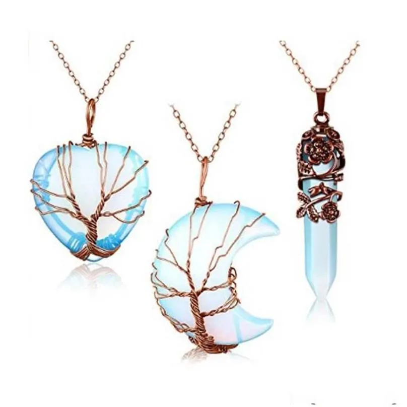 Pendant Necklaces KFT 3PCS Natural Healing Crystal Necklace Tree Of Life Crescent Moon Heart Flower Wrapped Hexagonal Quartz Reiki
