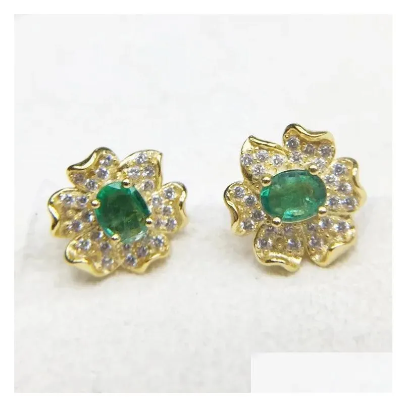 Stud Earrings Natural Real Emerald Earring 925 Sterling Silver 0.5ct 2pcs Gemstone Flower Style#X8061607