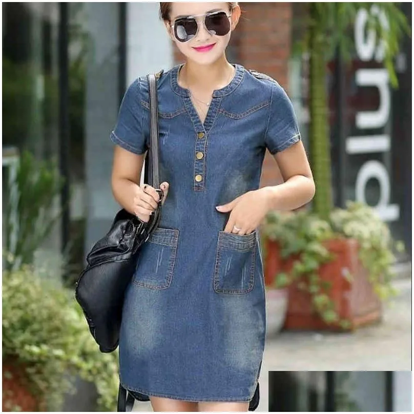 Basic & Casual Dresses 2021 Jean Dress Plus Sizes V-Neck Solid Denim Summer Women Sundresses Short Sleeves Loose Clothing 176A 25 Dro Dhpg1