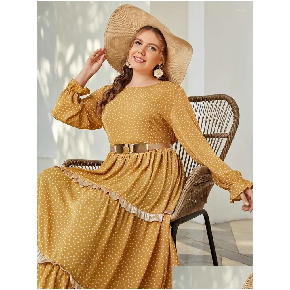 Plus Size Dresses TOLEEN Women Dress 2022 Summer Lady Casual Outfits With Draped And Belt Long Sleeve Dot Printing Elegant Spring