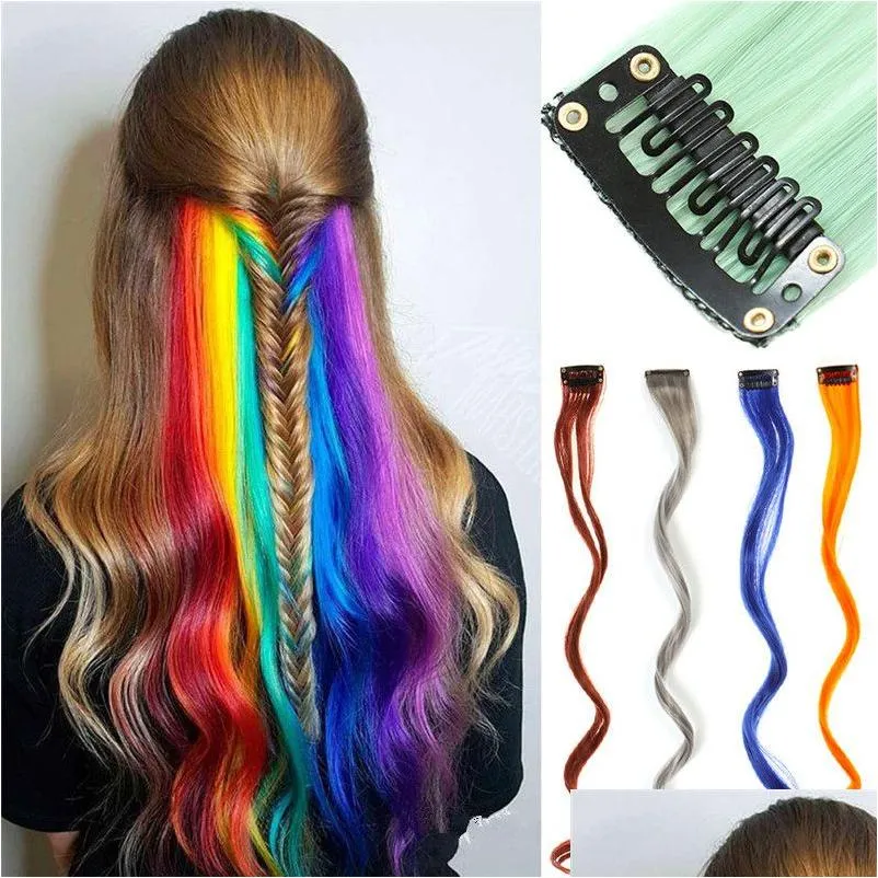 Colored hairpiece Clip in Hair Extensions Heat-Resistant Synthetic straight Hairpieces for Women Multi-Colors Party Highlights