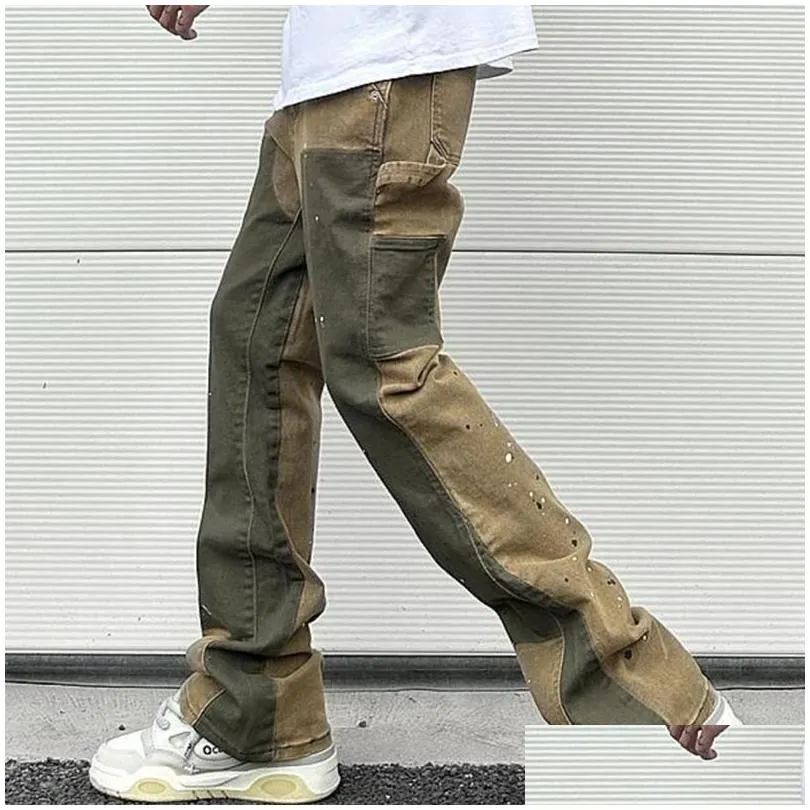 Men`S Jeans Mens Splash Ink Painted Washed Micro Elastic Denim Logging Pants Work Baggy Y2K Oversized Casual Cargo Trousers Drop Deli Dhrn4