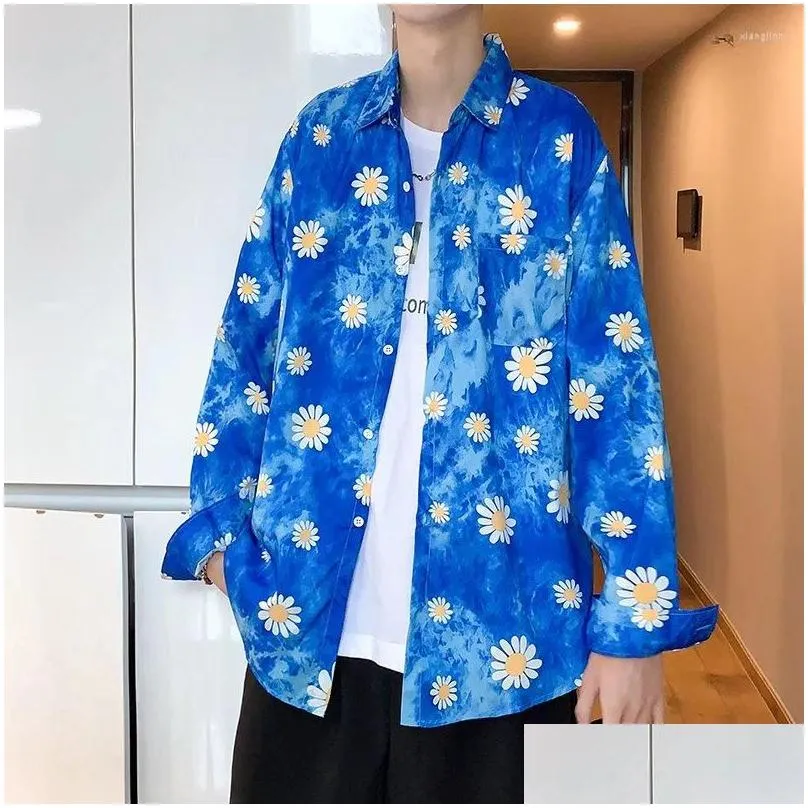 Men`s Casual Shirts Sunflower Men`s Shirt With Print Korean Clothes Fashion 2022 Man Slim Fit Social Harajuku Long Sleeve