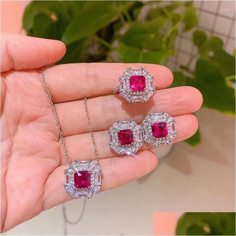 Pendant Necklaces 2022 Ruby High Carbon Stone Earring Necklace Ring Quality Jewelry Set Wedding Party Wholesale Gift Drop