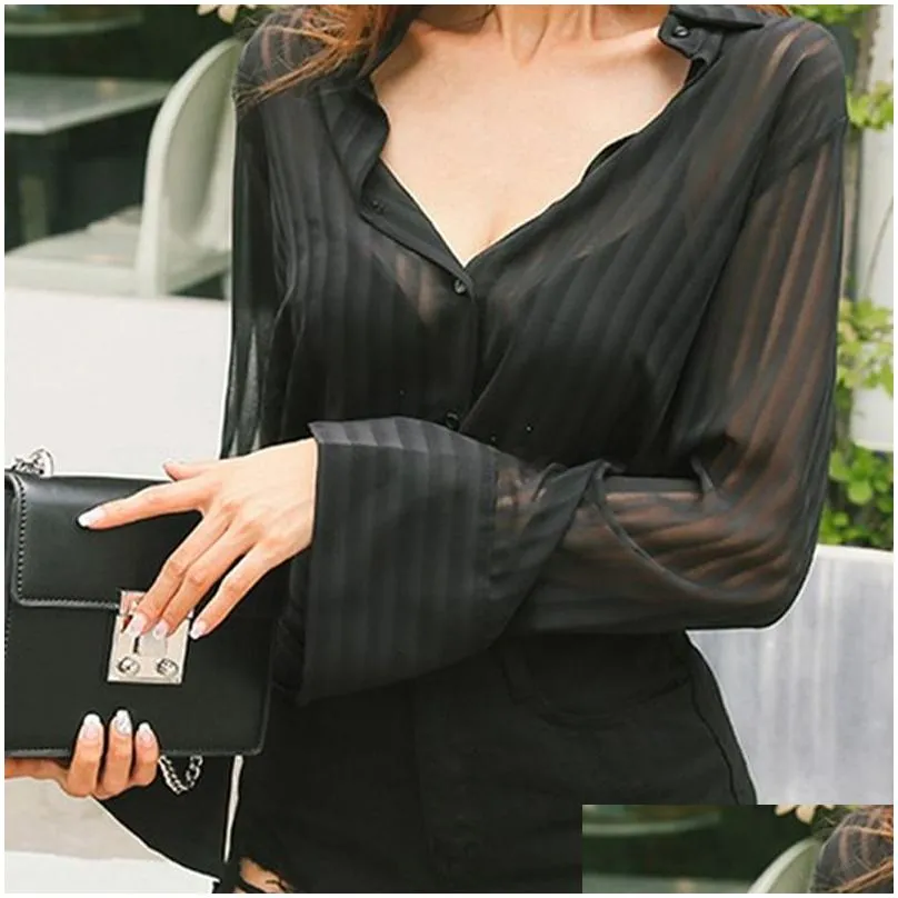 Basic & Casual Dresses Black Chiffon Shirt Lady Ol Striped Y See Through Female Fl Sleeve Elegant Office Top Blouse T08202R 220518 Dr Dhk89