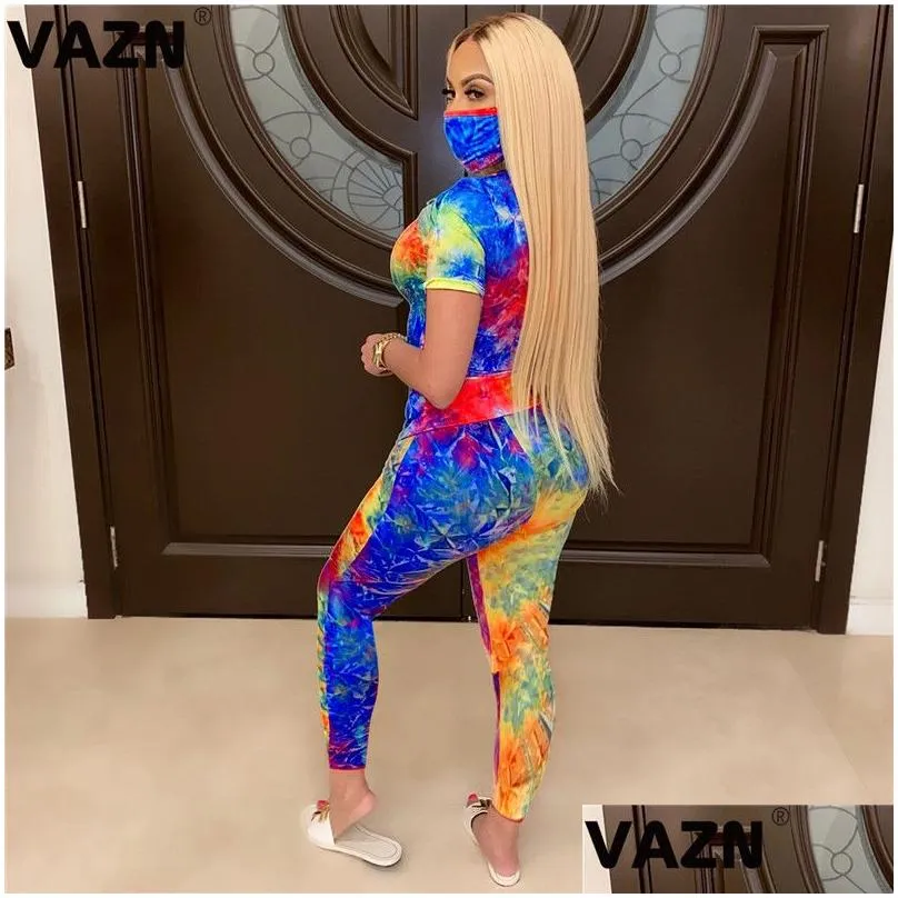 Women`S Two Piece Pants Vazn Stie Dye Print Colorf Y Tops Leggings 3 Pieces Set With Mask Casual Beach Clothing Ladies Women Sets T20 Dhapu