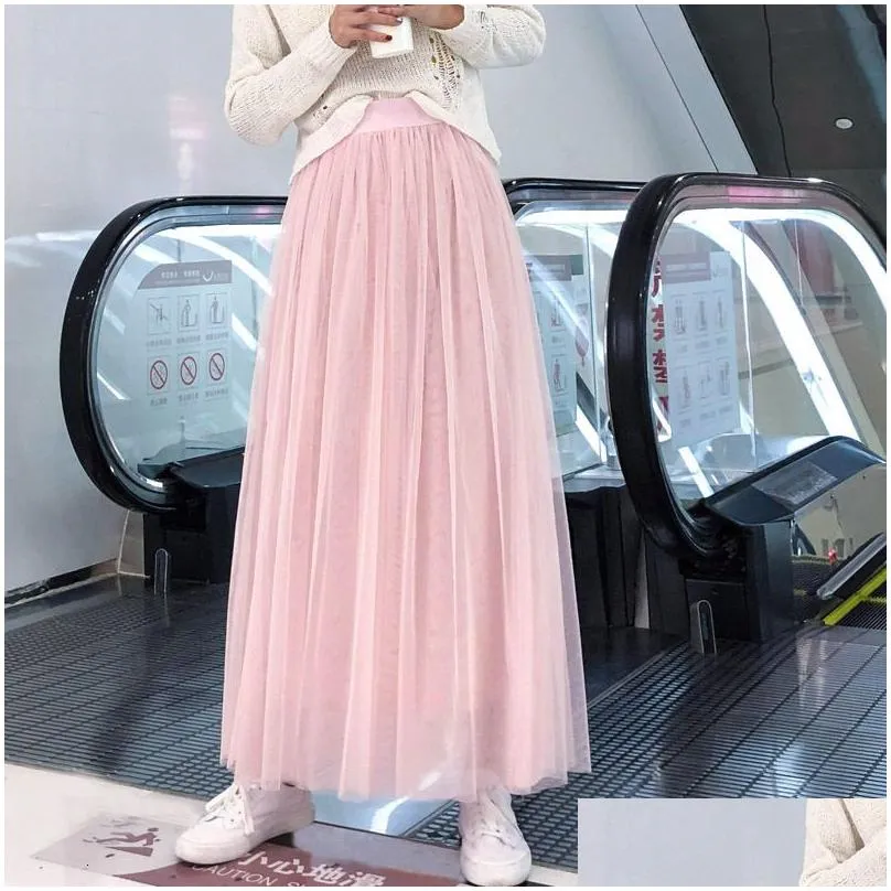 Skirts Vintage Tle Skirt Women Elastic High Waist 3 Layers A-Line Pleated Mesh Long Bride Tutu Female Jupe Longue Drop Delivery Dhmvl