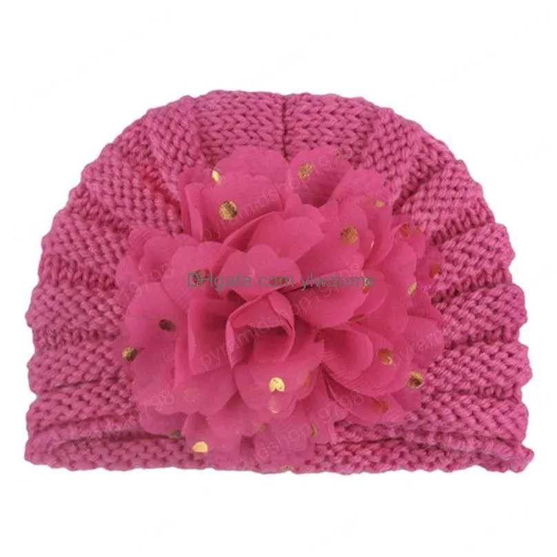 Caps & Hats 17X13 Cm Solid Color Handmade Knitted Wool Newborn Cloghet Elastic Fashion Golden Dots Flower Bonnet Children Headwear Dro Dh0Cx