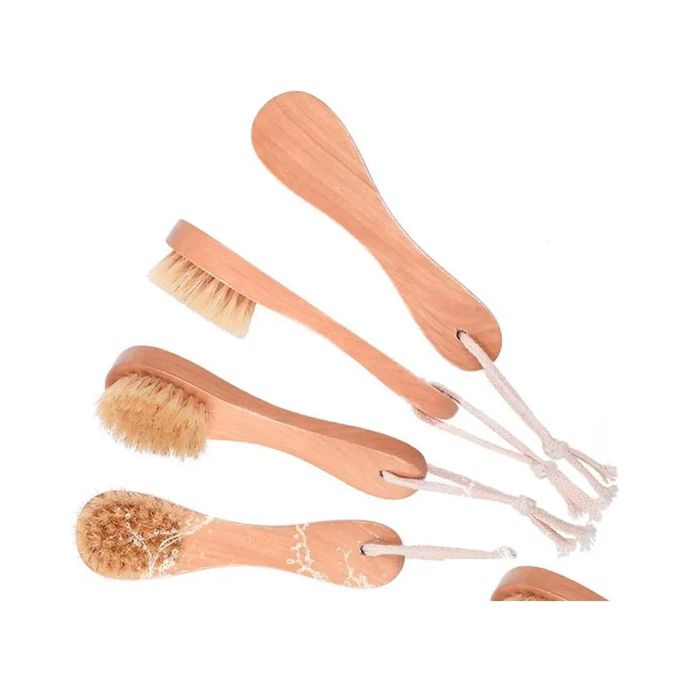 Bath Brushes Sponges Scrubbers Boar Bristle Face Brush For Women Men Oval Mas Brushes Wooden Handle Natural Fine With Hanging Rop