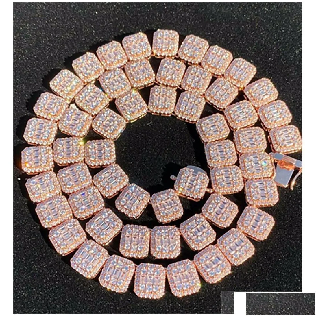 Mens Baguette Tennis Chain Rose Gold Real Solid Icy 1M Cubic Zircon Stones Bling Necklace Hip Hop Jewelry 14- 24Inch Drop Delivery