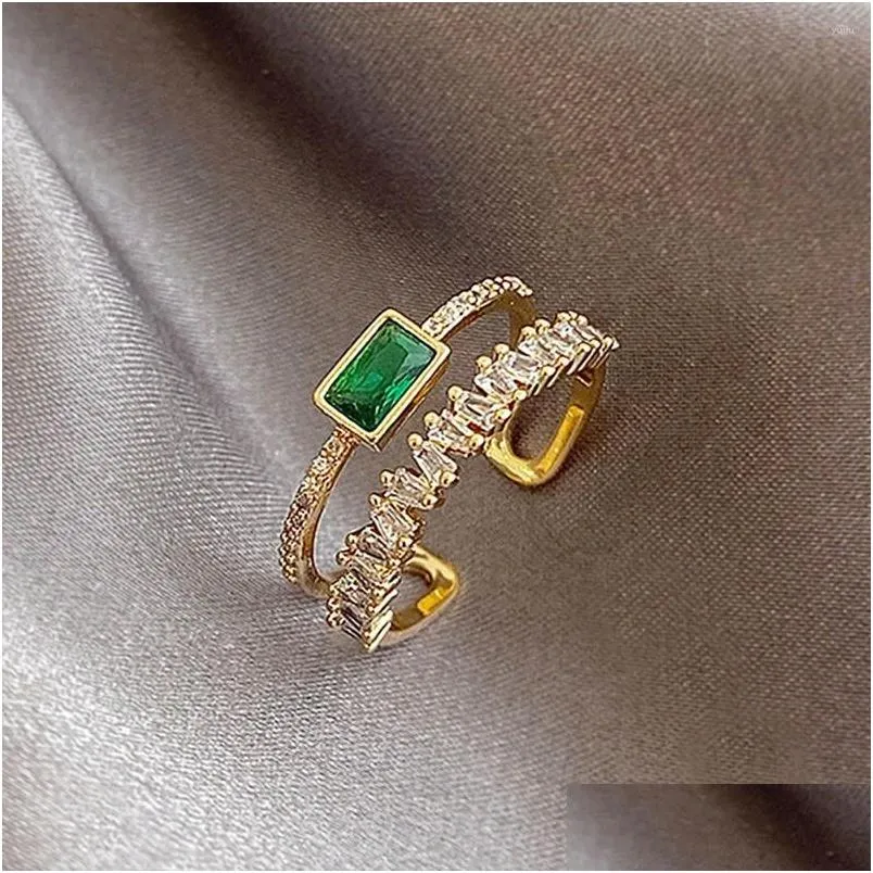 Cluster Rings Huitan Korean Style Double Layer Finger Ring For Women Green CZ Geometric Shape Fashion Versatile Opening 2023 Jewelry