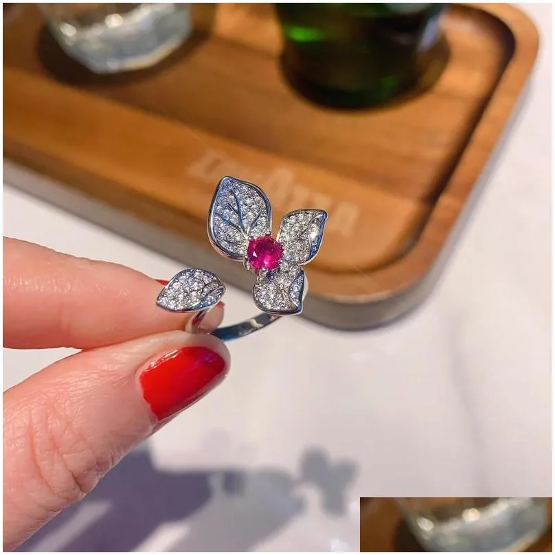 Cluster Rings Leaves Flower Pink Crystal Cubic Zirconia Adjustable Opening Accessories Engagement For Women Jewelry Gift