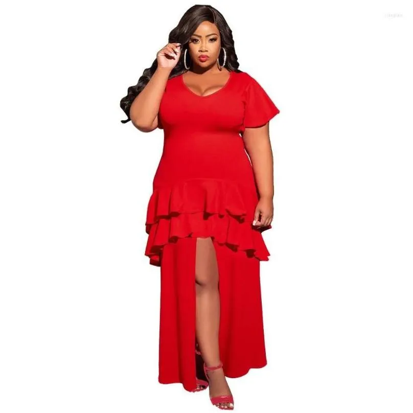 Plus Size Dresses Women`s Solid O-Neck Sexy High Split Large Ruffle Layered Maxi Dress Ladies Elegant Party Evening Clothing